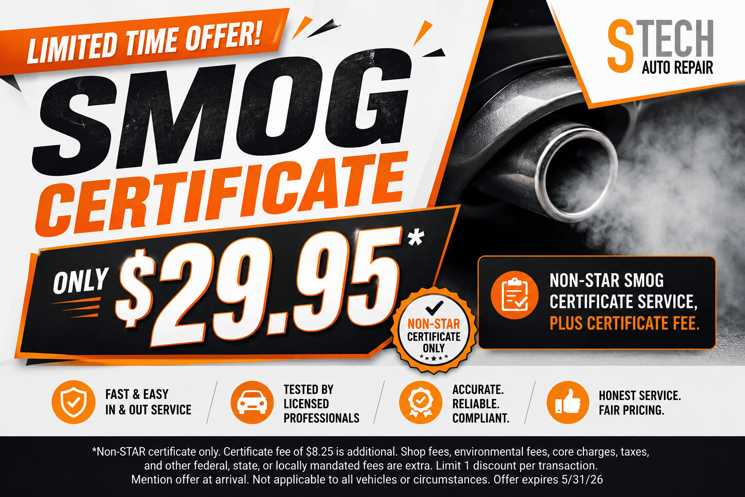 Limited time non-STAR smog certificate offer for $29.95 plus certificate fee.