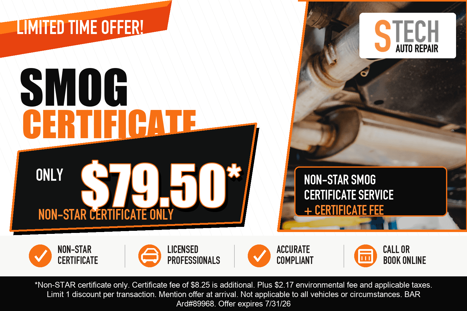 Limited time non-STAR smog certificate offer for $79.50 plus certificate fee.