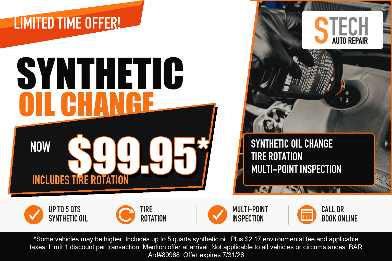 Limited time synthetic oil change offer for $99.95 including synthetic oil change, tire rotation, and multi-point inspection.